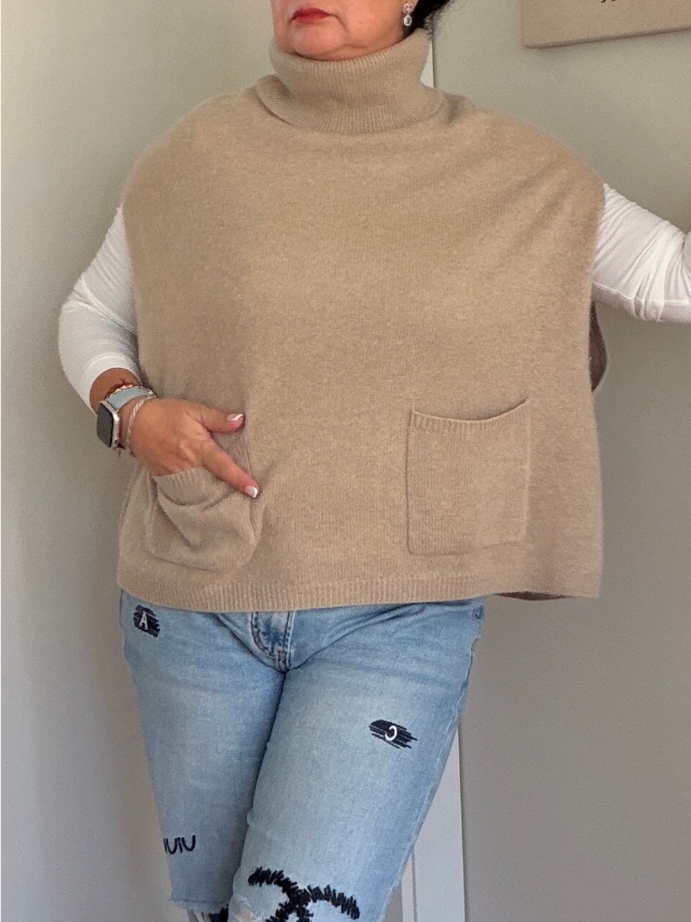 Tahari Camel Turtleneck Poncho Sweater with Pockets
